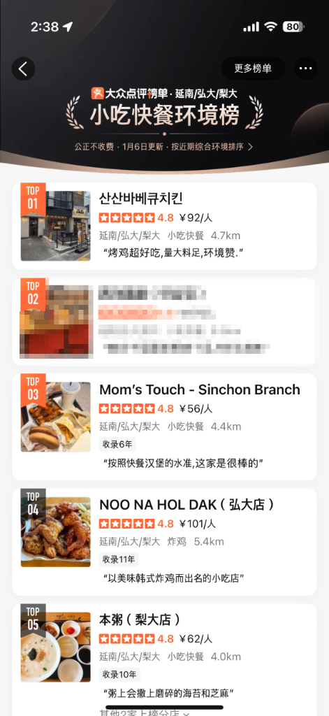 따종디엔핑 - 간식/패스트푸드 환경 랭킹